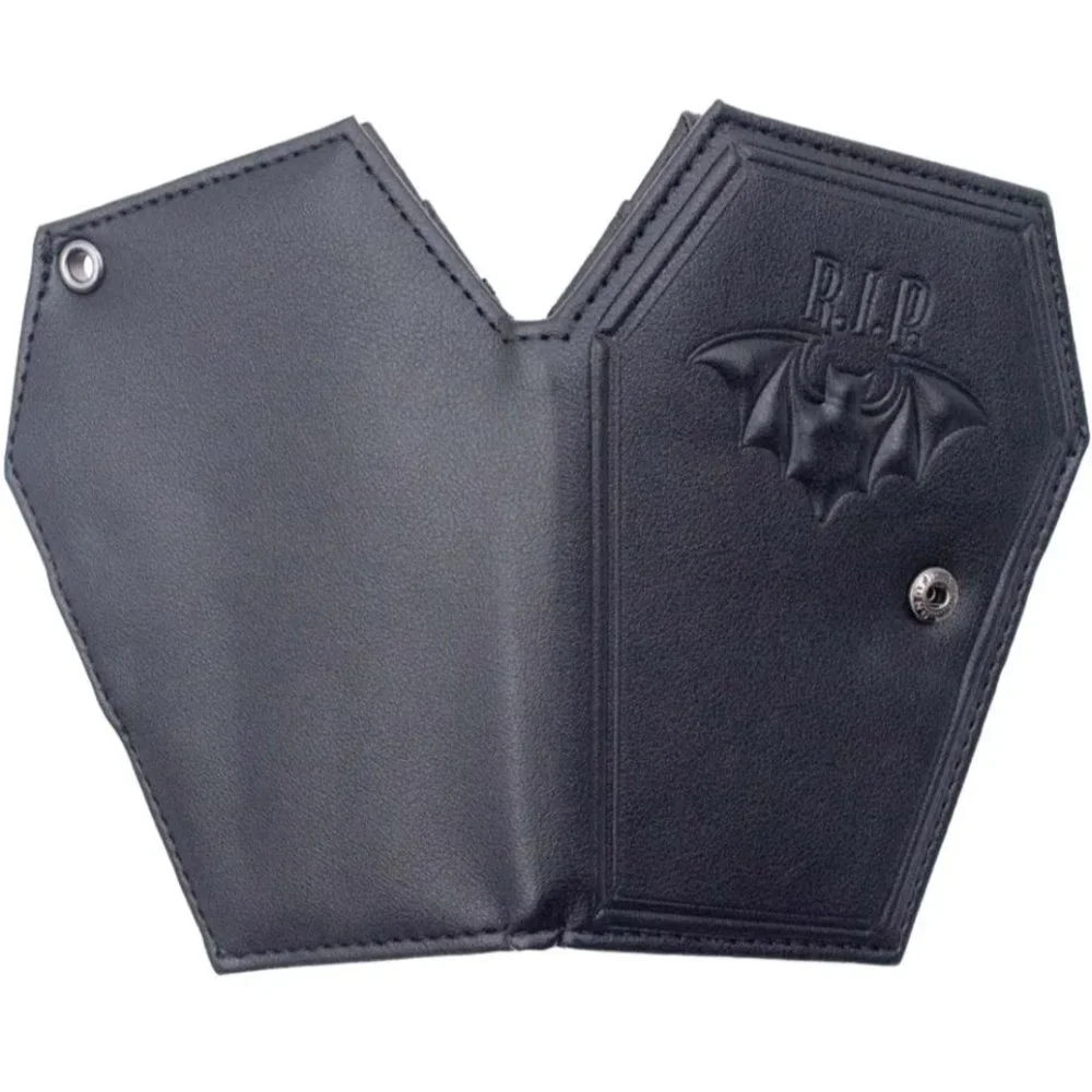 Coffin Shape Black RIP Bat Bi-Fold Wallet Vegan Leather Chain Hole Snap NWT